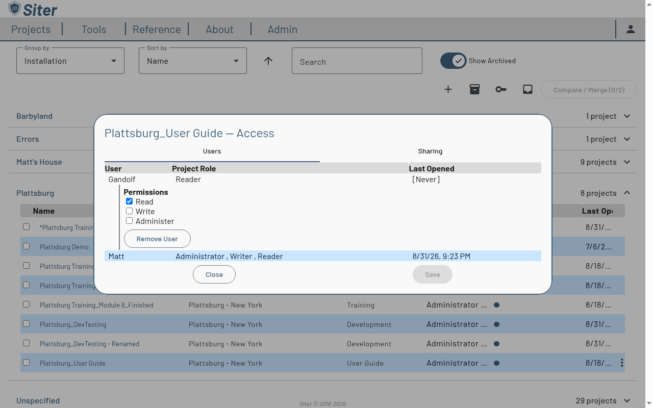 Expanded user row in the Manage Access dialog showing the Read, Write, and Administer checkboxes and the Remove User button