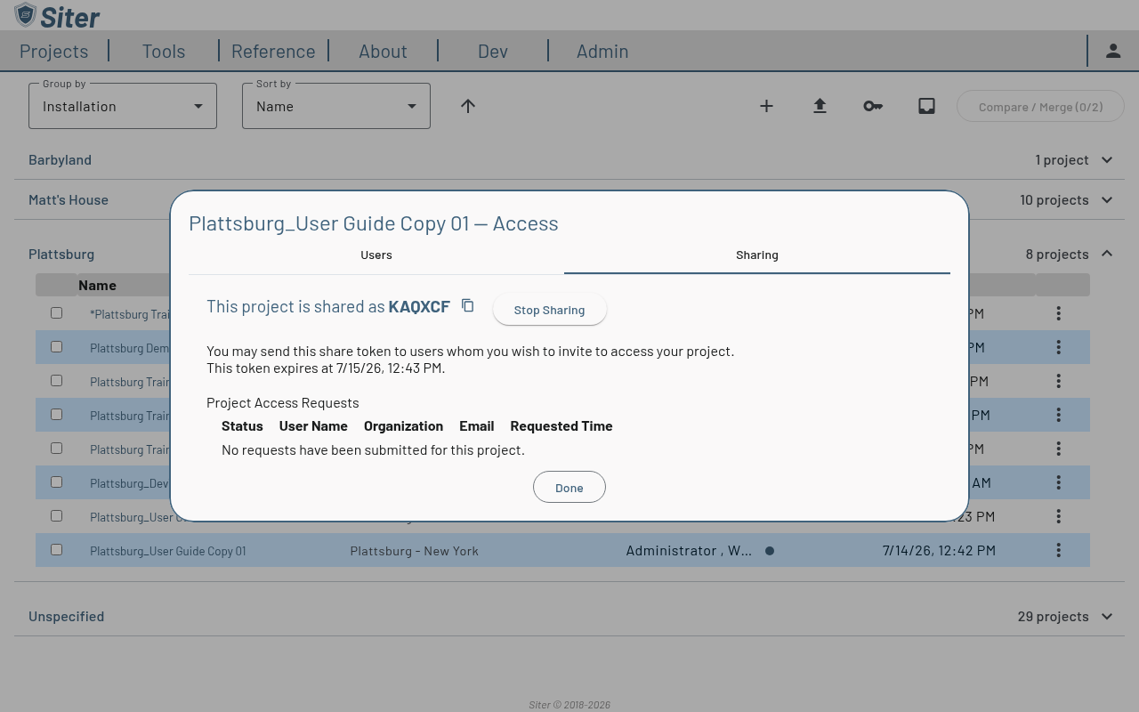 Manage Access dialog Sharing tab showing an active share code with copy button and Stop Sharing option