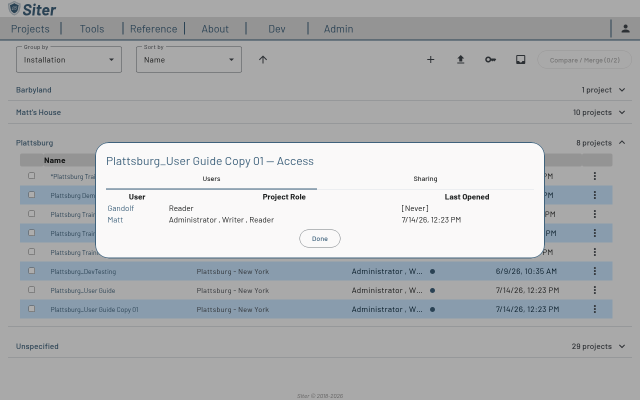 Manage Access dialog Users tab listing two users with their project roles
