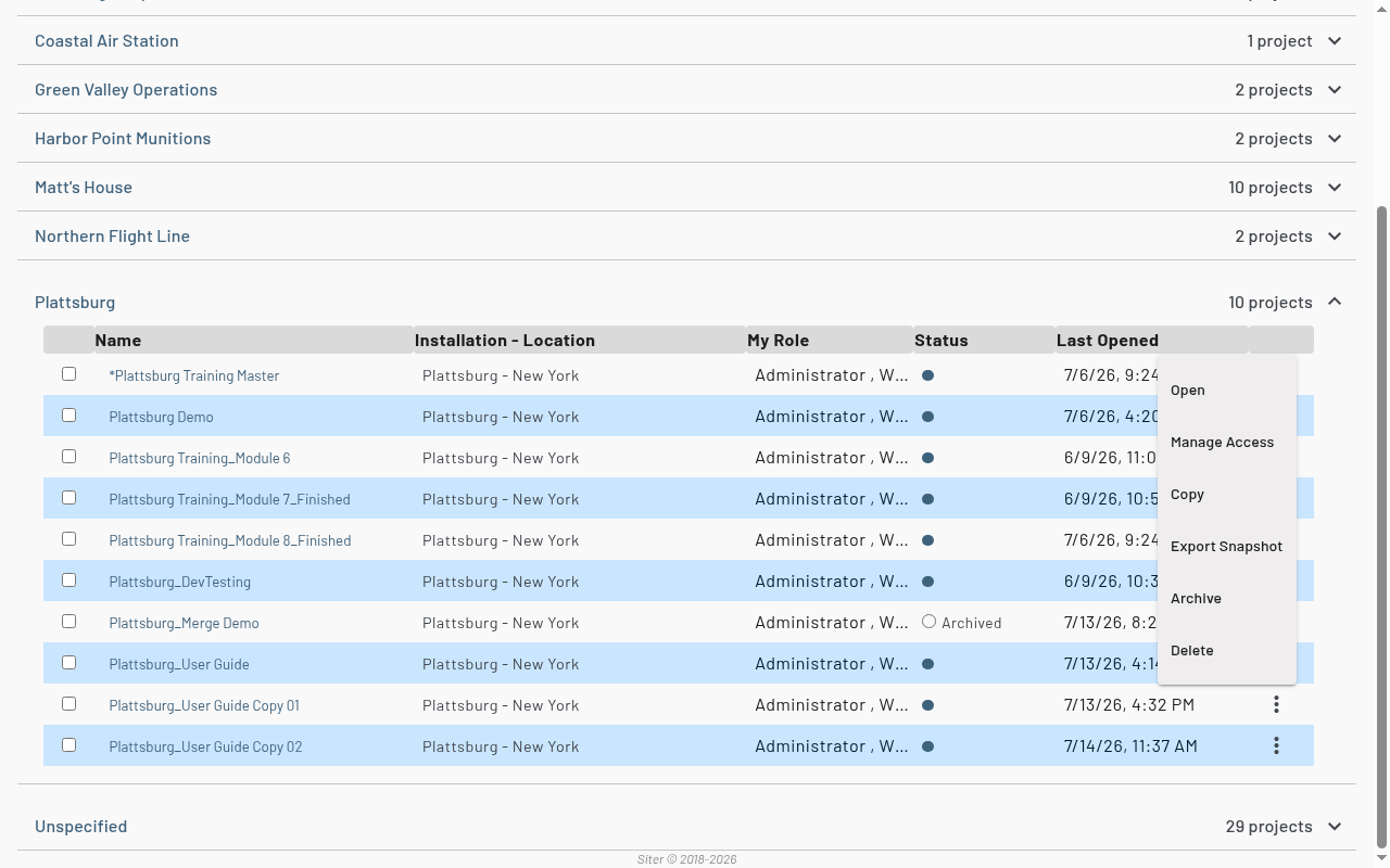 Actions menu on a project row showing Open, Manage Access, Copy, Export Snapshot, Archive, and Delete