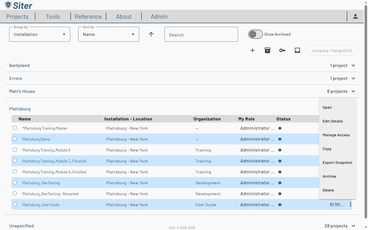 Actions menu on a project row showing Open, Edit Details, Manage Access, Copy, Export Snapshot, Archive, and Delete