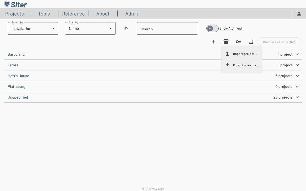 Import or export projects menu open on the Project Management page toolbar, showing Import project… and Export projects…