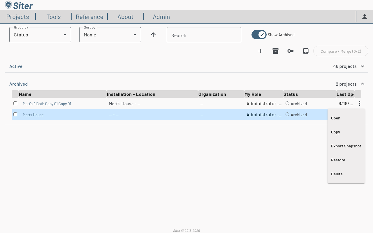 Archived project's Actions menu showing Open, Copy, Export Snapshot, Restore, and Delete