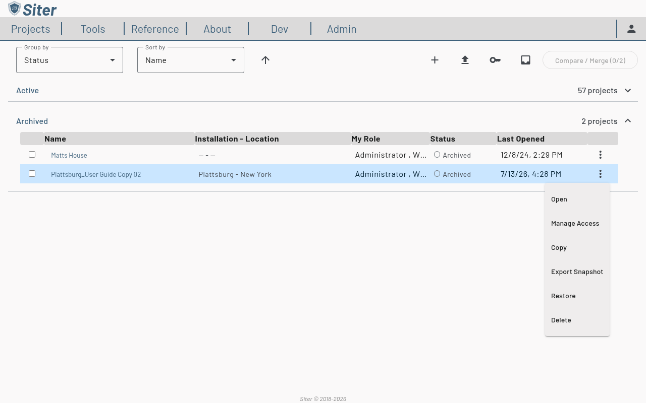 Archived project's Actions menu showing the Restore option