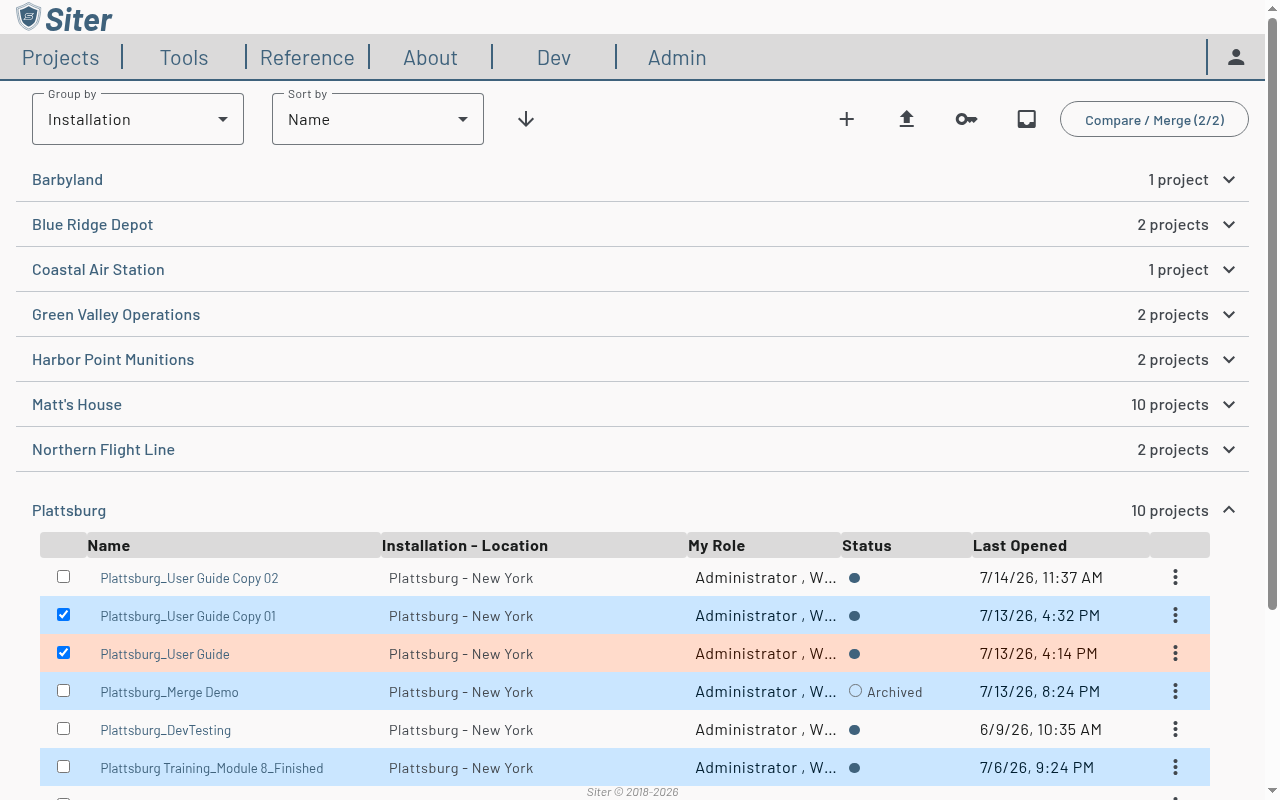 Two projects selected with the Compare / Merge button enabled