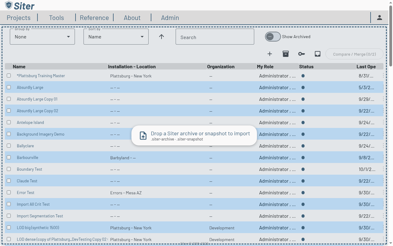 Project Management page covered by the file-drop overlay reading Drop a Siter archive or snapshot to import