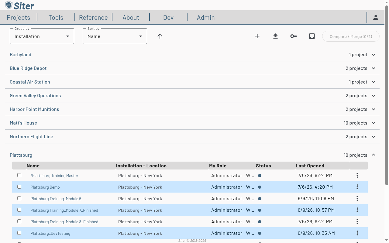 Project Management page with projects grouped by installation and the Plattsburg group expanded