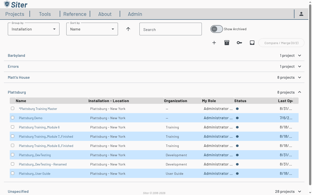Project Management page listing projects grouped by installation