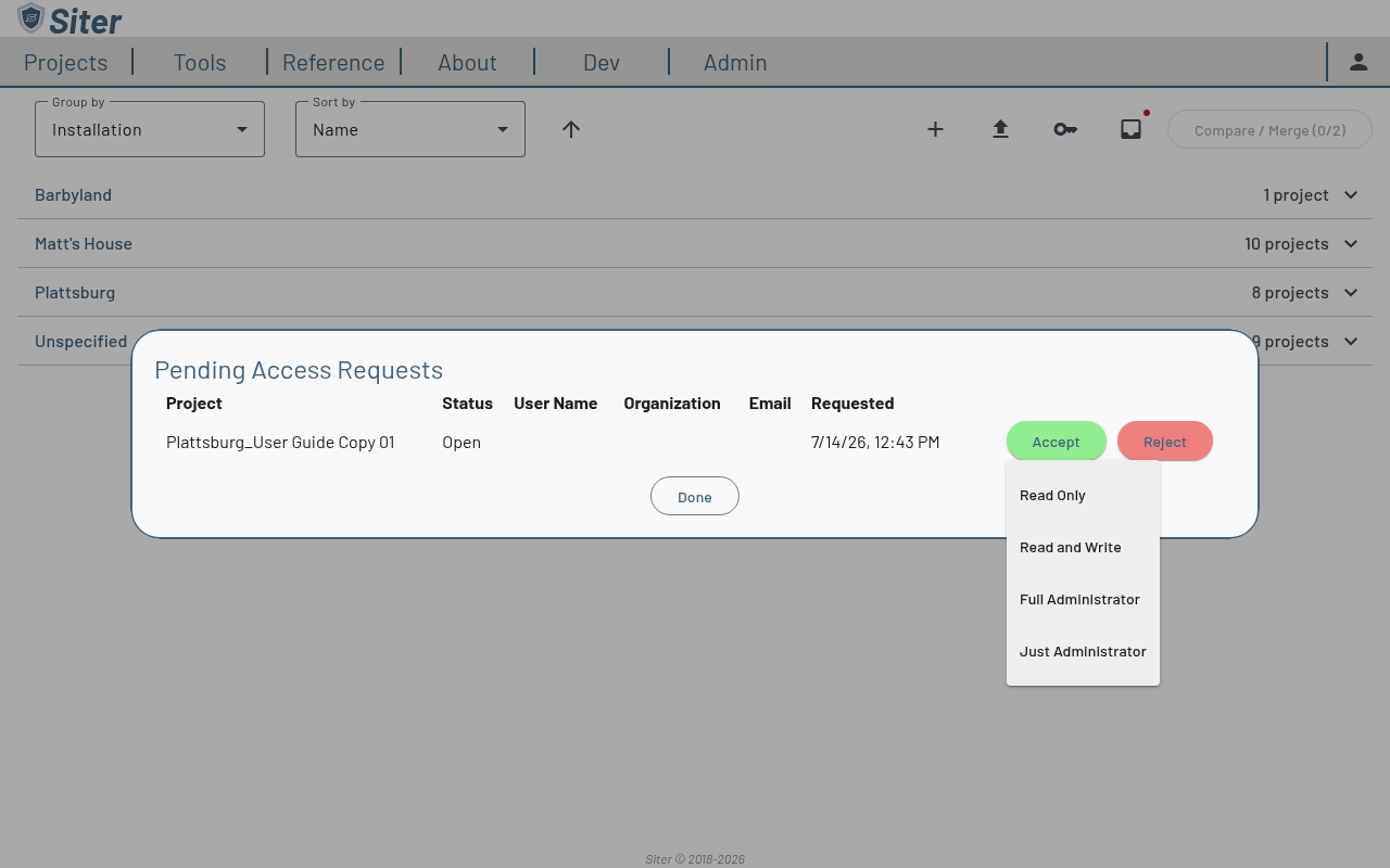 Role menu shown after clicking Accept, listing Read Only, Read and Write, Full Administrator, and Just Administrator