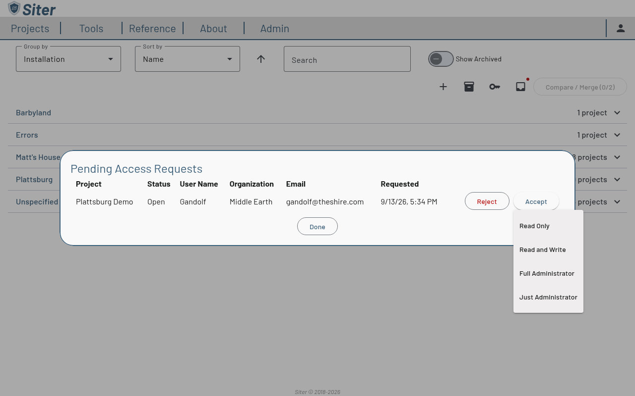 Role menu shown after clicking Accept, listing Read Only, Read and Write, Full Administrator, and Just Administrator