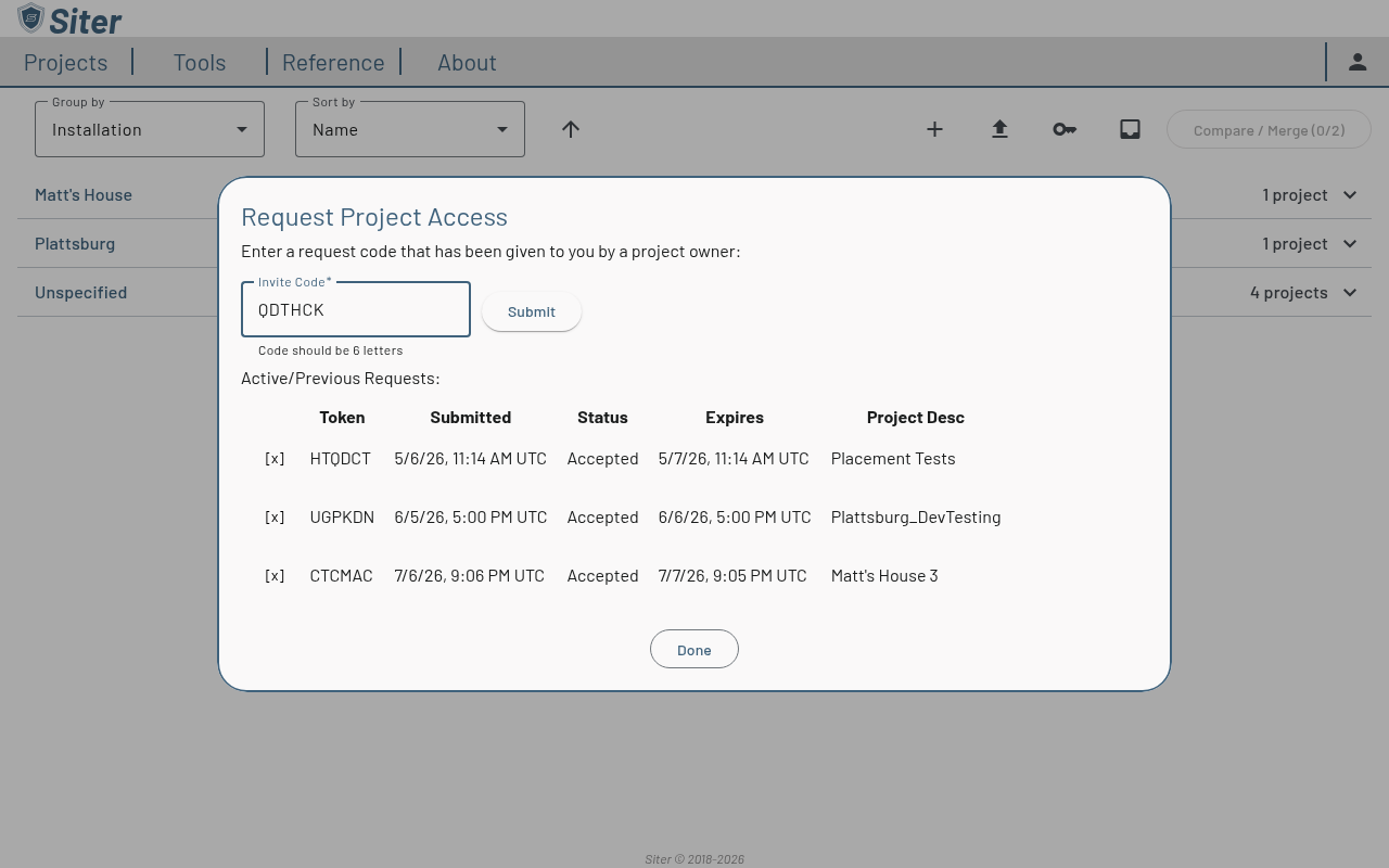 Request Project Access dialog with an invite code entered, a Submit button, and an Active/Previous Requests table