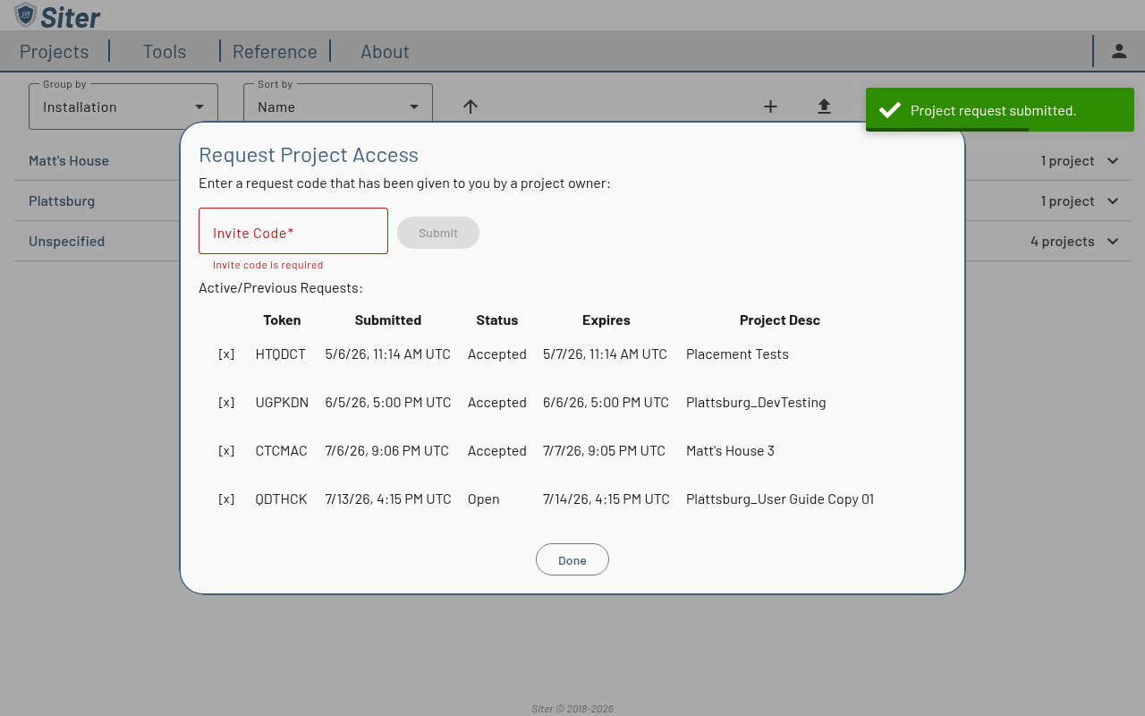Request dialog showing the submitted request as Open in the Active/Previous Requests table