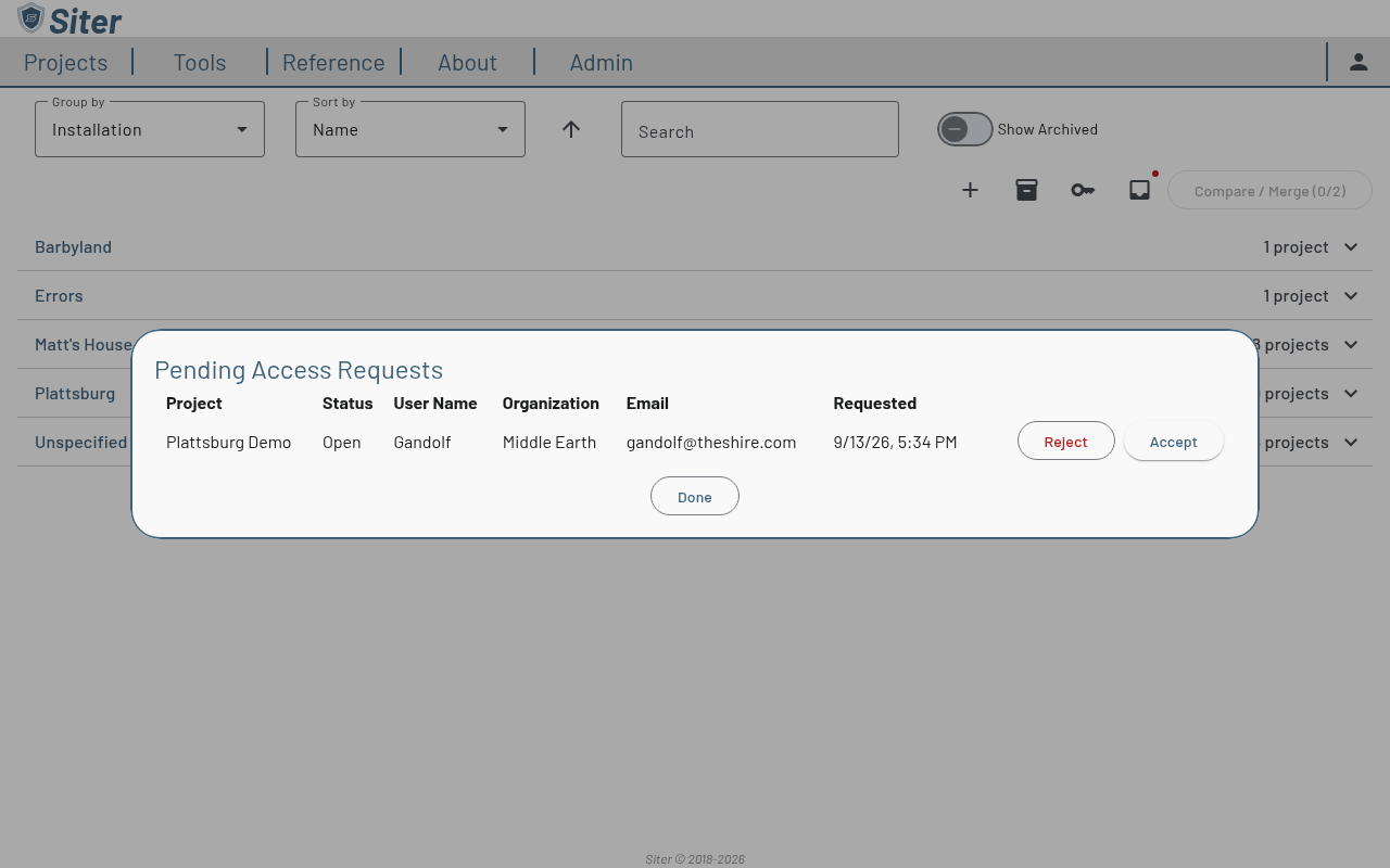 Pending Access Requests dialog listing an open request with the requester's name, organization, and email, and Accept and Reject buttons