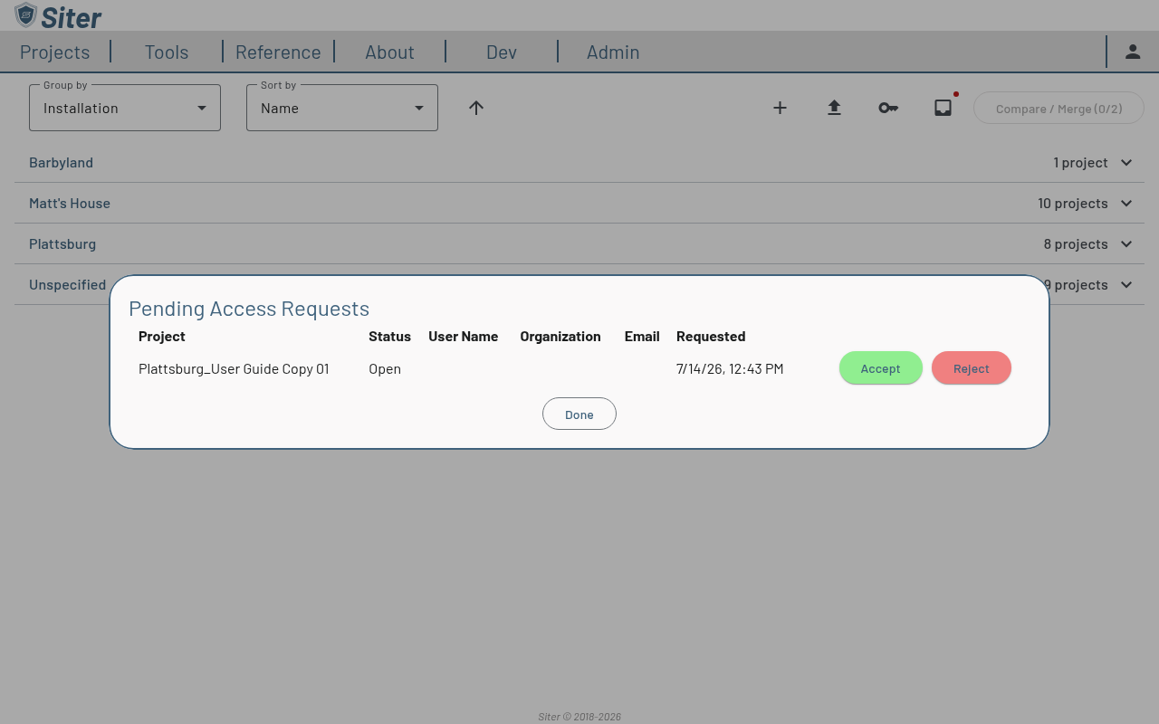 Pending Access Requests dialog listing an open request with Accept and Reject buttons