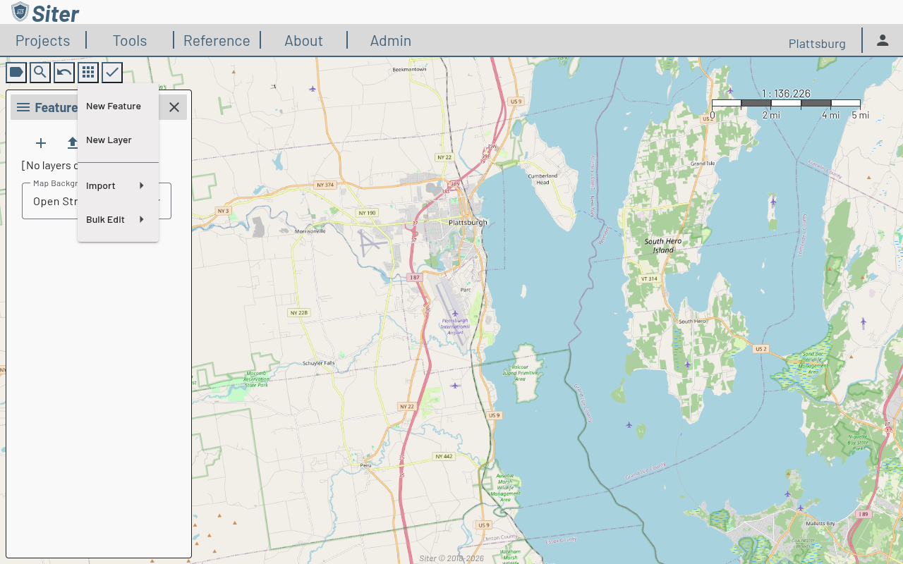 Actions menu showing New Feature, New Layer, Import, and Bulk Edit options