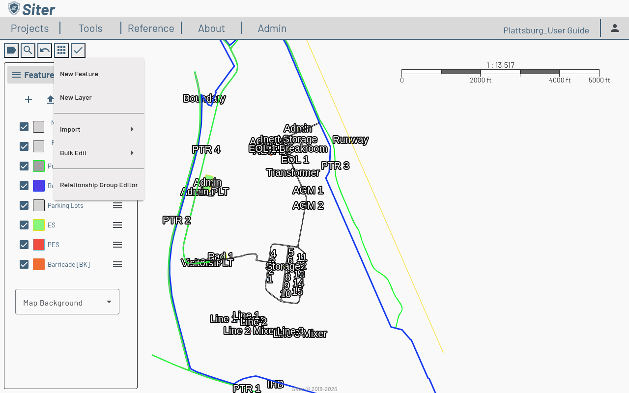 Actions menu showing New Feature, New Layer, Import, Bulk Edit, and Relationship Group Editor options