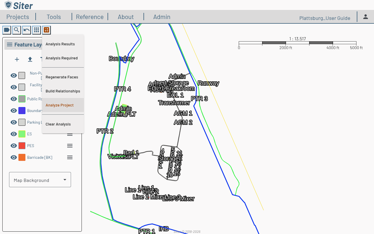 Analysis menu with Analysis Results, Analysis Required, Regenerate Faces, Build Relationships, Analyze Project highlighted, and Clear Analysis options