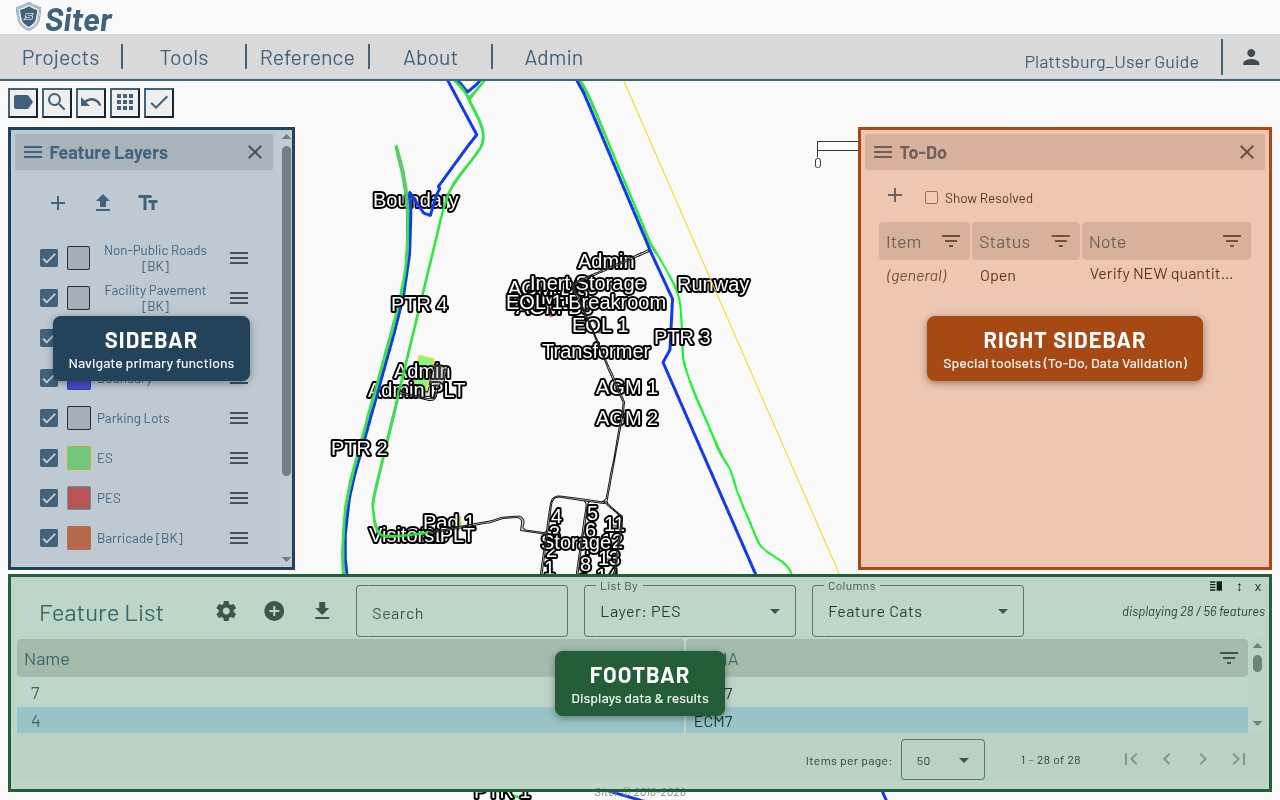 Map workspace with the Sidebar, Footbar, and Right Sidebar regions highlighted