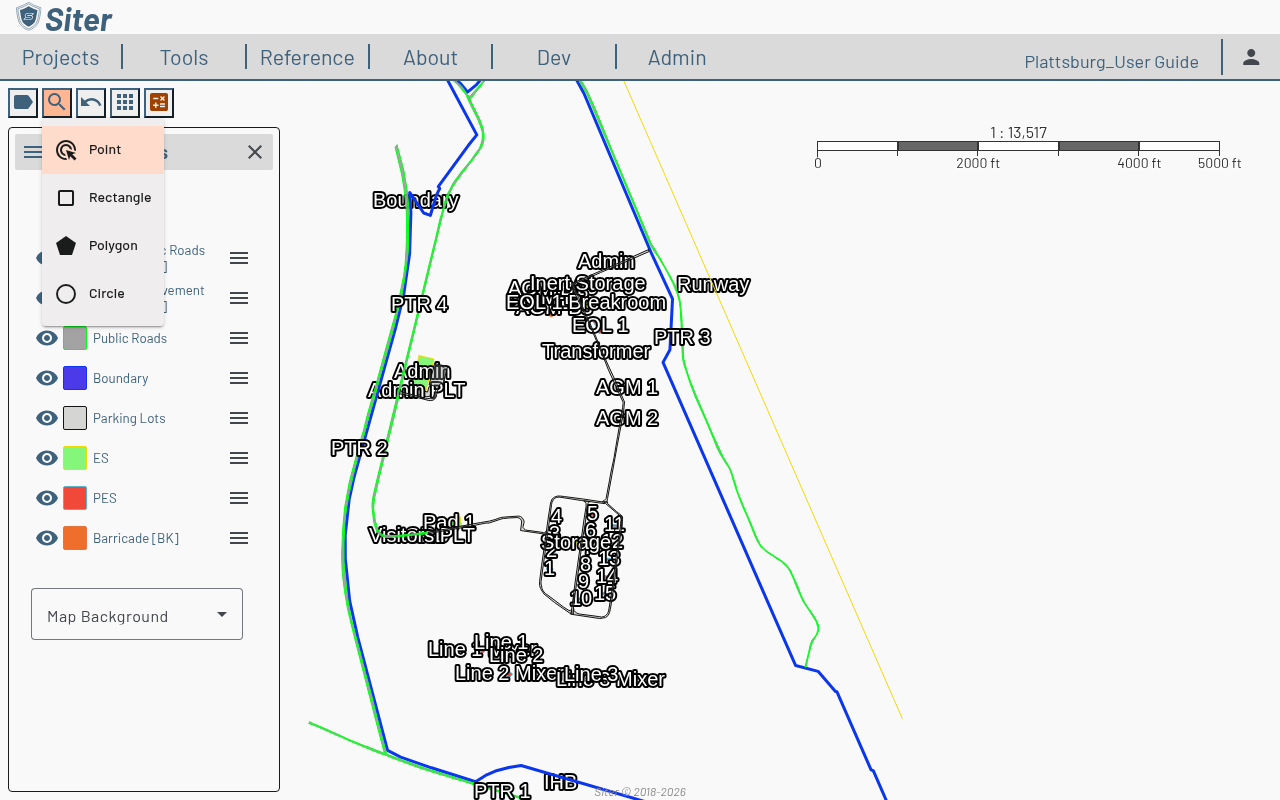 Identify / Select tool menu showing Point, Rectangle, Polygon, and Circle methods with Point active