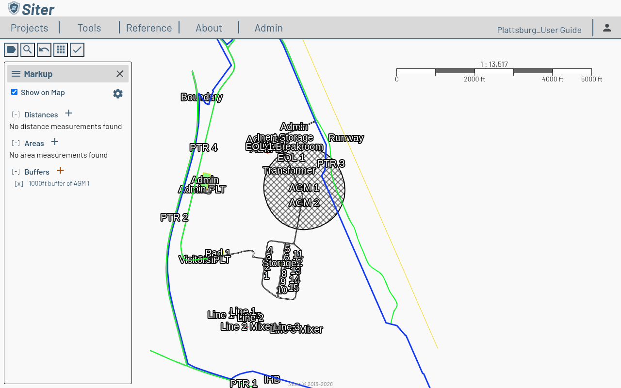 A 1000 ft buffer rendered around a facility on the map, with the buffer listed in the Markup sidebar