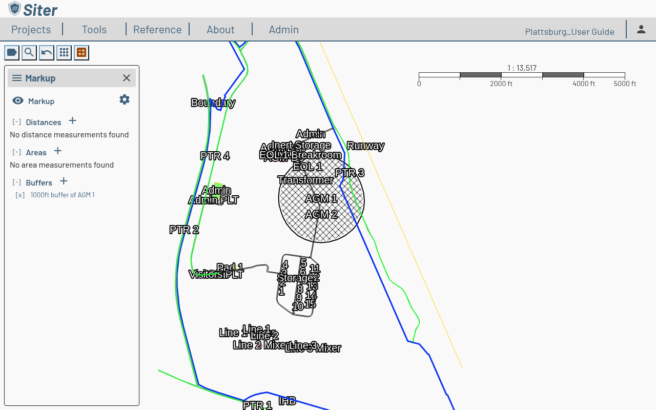 A 1000 ft buffer rendered around a facility on the map, with the buffer listed in the Markup sidebar