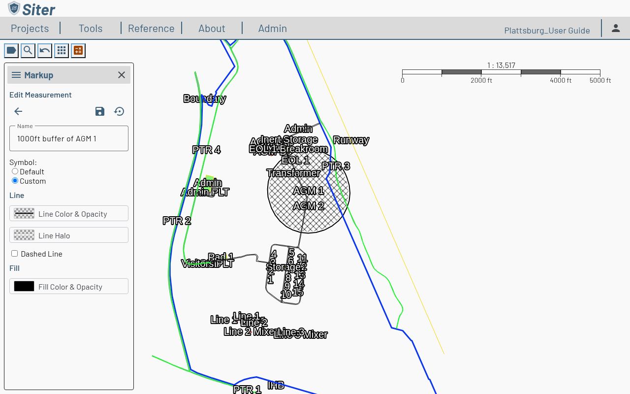 Edit Measurement panel for a buffer with Name, Symbol Default/Custom, and the Line and Fill sections