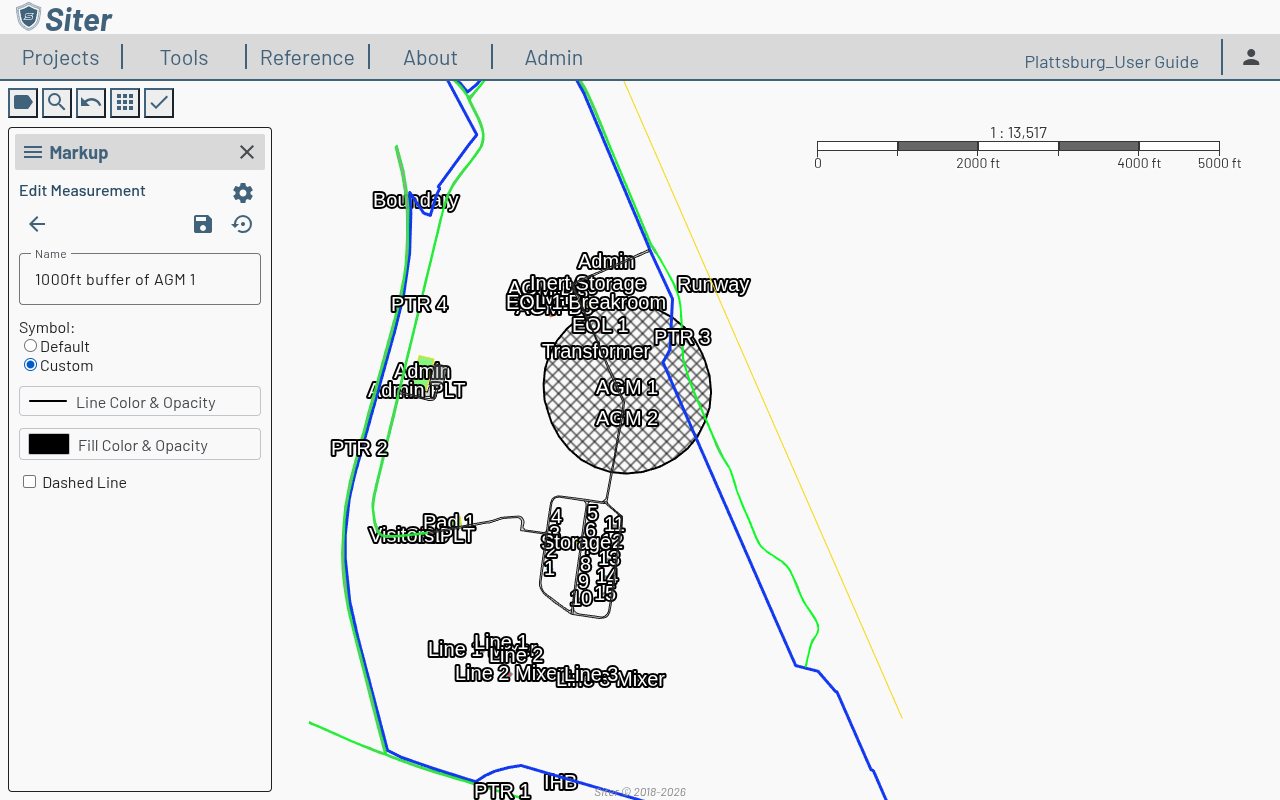 Edit Measurement panel for a buffer with Name, Symbol Default/Custom, and Line/Fill color and Dashed Line options