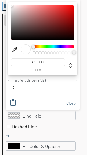 Line Halo picker open over the Edit Measurement panel, with the color field, hex value #ffffff, the Halo Width (per side) field set to 2, and Close