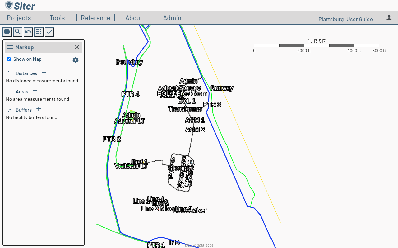 Markup sidebar with Show on Map toggle and Distances, Areas, and Buffers sections each with an add (+) button