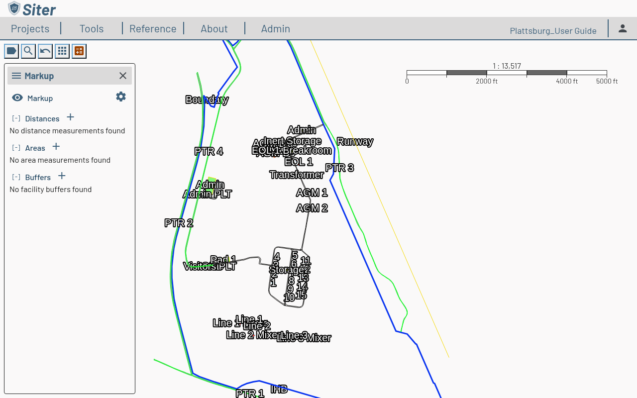 Markup sidebar with the eye button and Markup heading row, the Options gear, and Distances, Areas, and Buffers sections each with an add (+) button