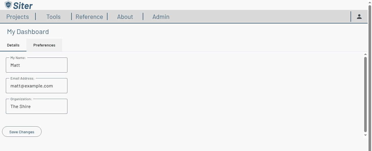 My Dashboard with the Details tab open, showing the My Name, Email Address, and Organization fields and the Save Changes button