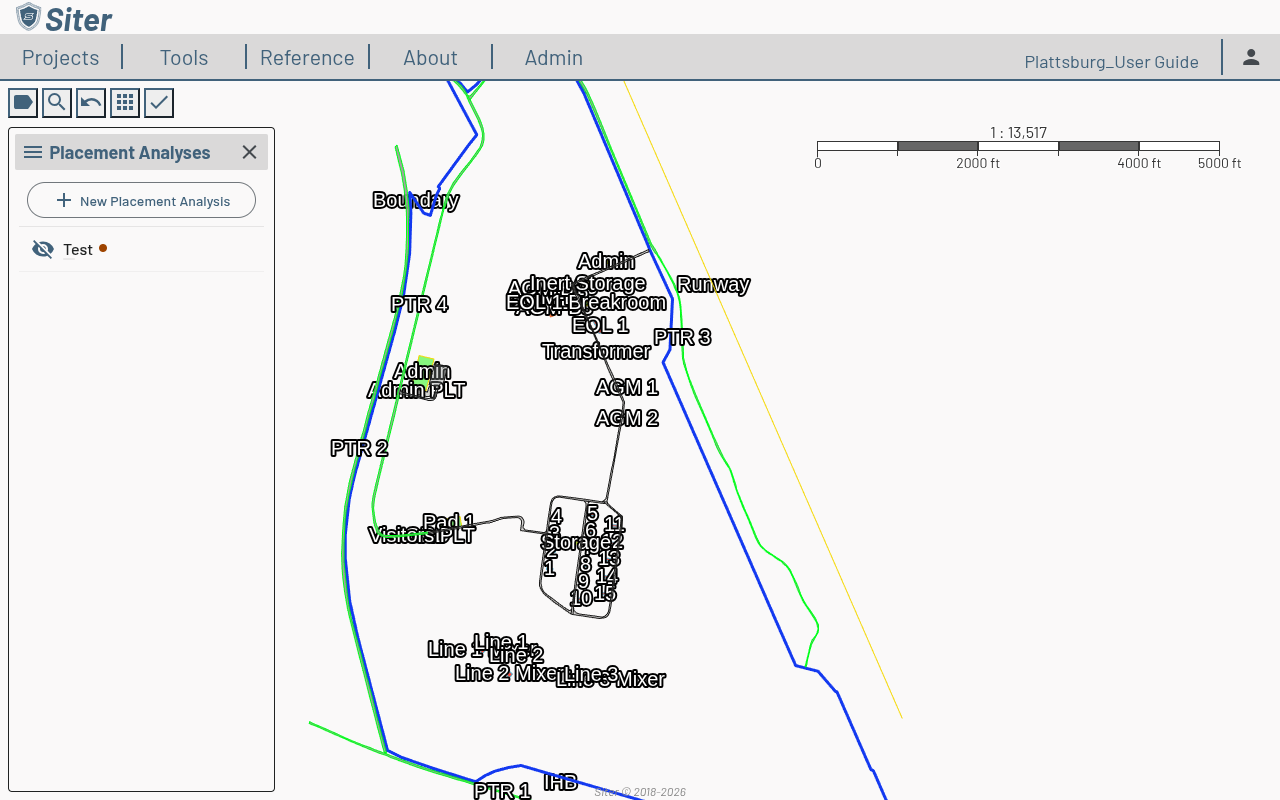 Placement Analyses sidebar with New Placement Analysis button and a "Test" placement showing a stale-data indicator dot