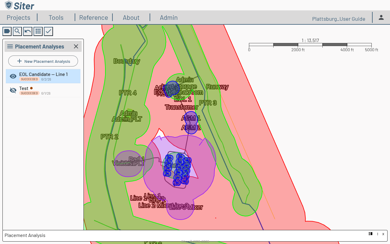 Map showing the EOL placement candidate's graduated QD buffer arcs — a broad IBD region with tighter inner arcs around the candidate near the storage area