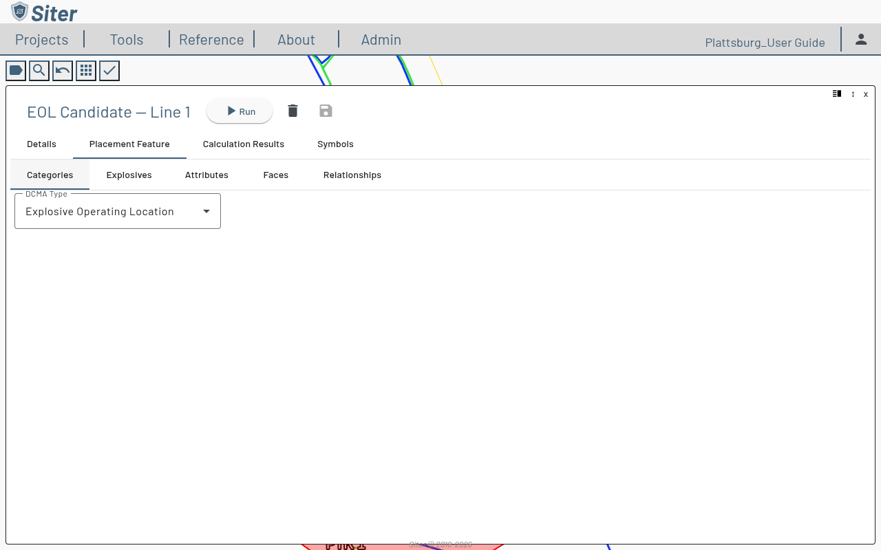 Placement analysis results footbar on the Placement Feature tab, Categories sub-tab, with DCMA Type set to Explosive Operating Location