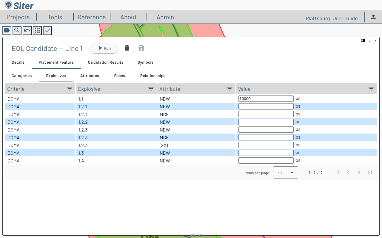 Explosives sub-tab with 10,000 lbs entered against the 1.1 NEW row
