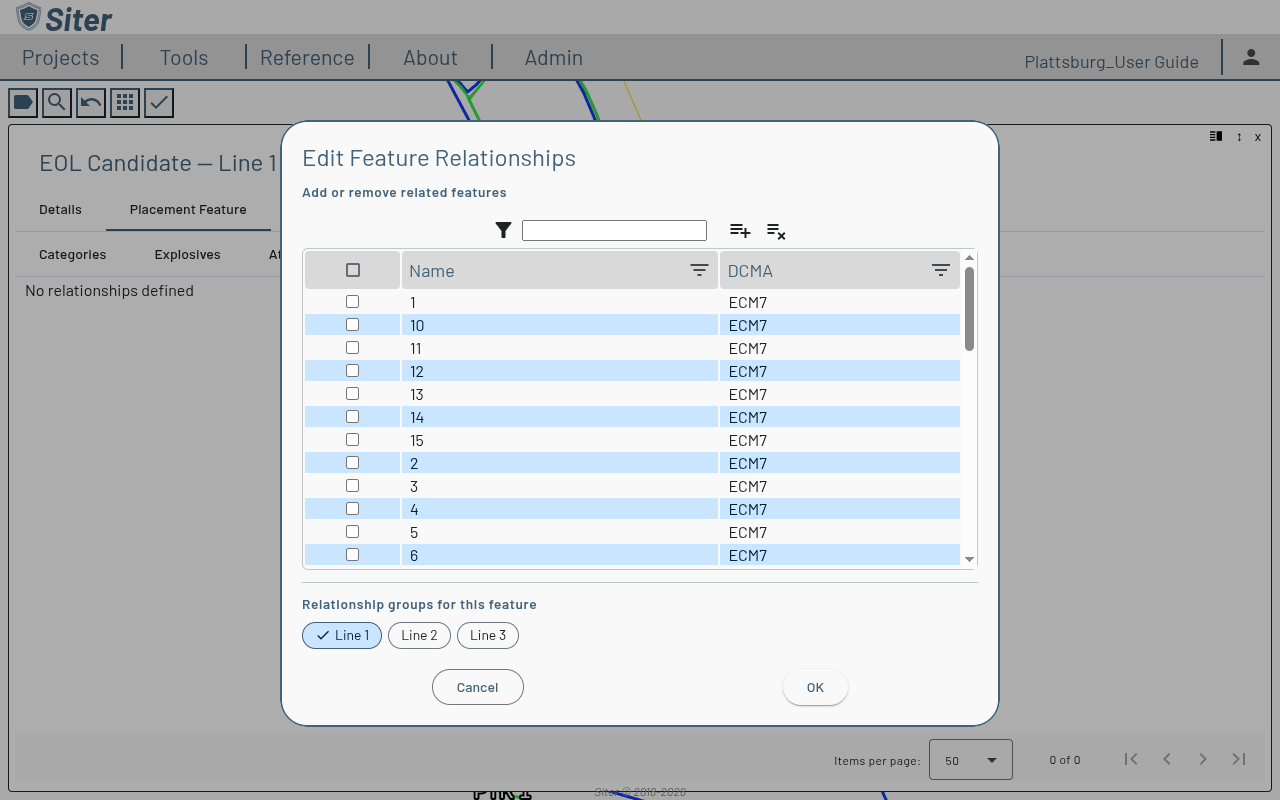 Edit Feature Relationships dialog with the Line 1 relationship group selected under "Relationship groups for this feature"