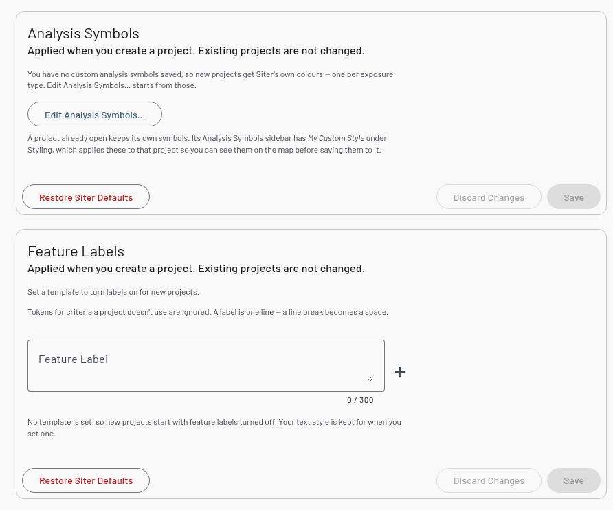 Analysis Symbols and Feature Labels preference cards, with the Edit Analysis Symbols button and the Feature Label template field