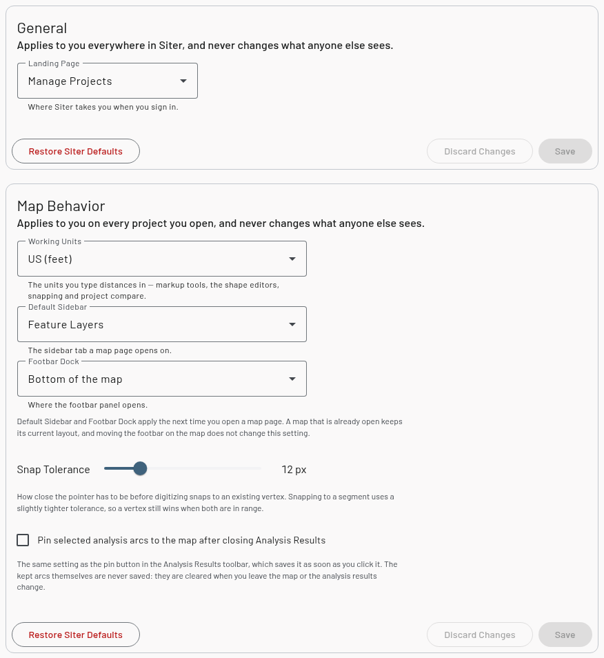 General and Map Behavior preference cards, showing Landing Page, Working Units, Default Sidebar, Footbar Dock, the Snap Tolerance slider, and the Pin selected analysis arcs checkbox