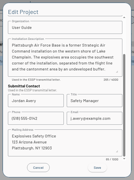 Edit Project dialog showing the Organization, Installation Description and Submittal Contact fields
