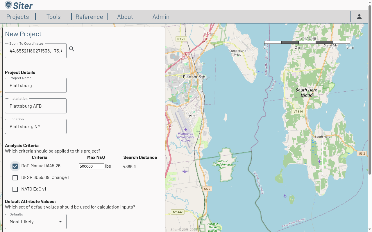 New project form with project details and criteria selection