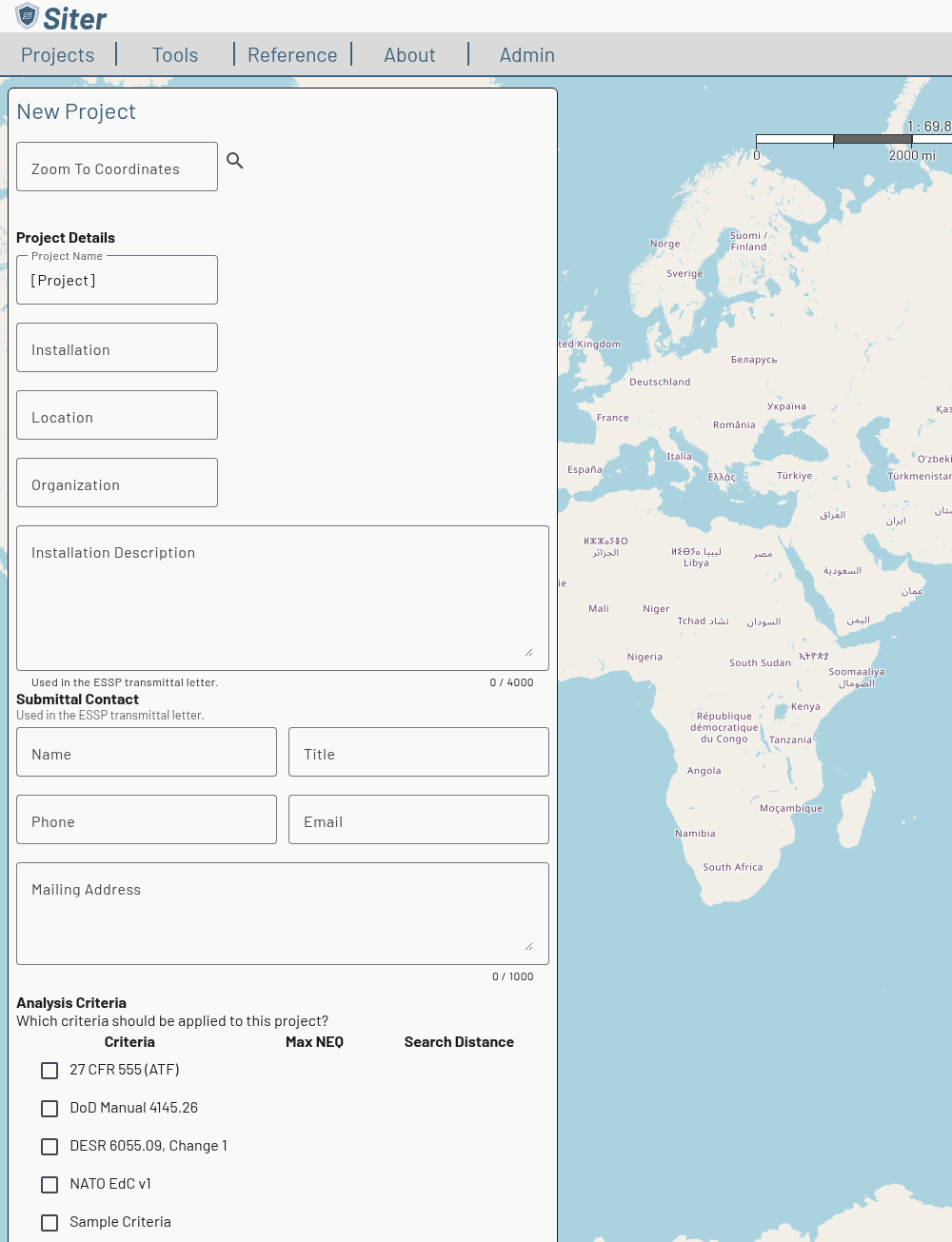 New Project form with the project details, Installation Description and Submittal Contact fields above the Analysis Criteria list