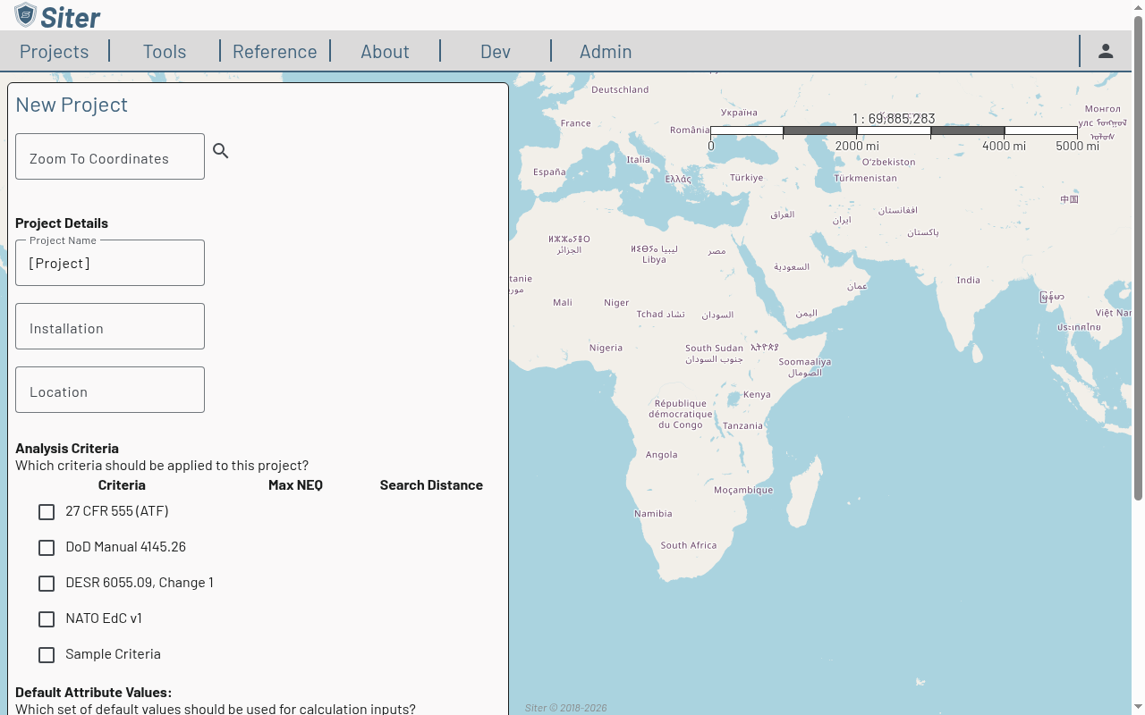 New project form with project details and criteria selection
