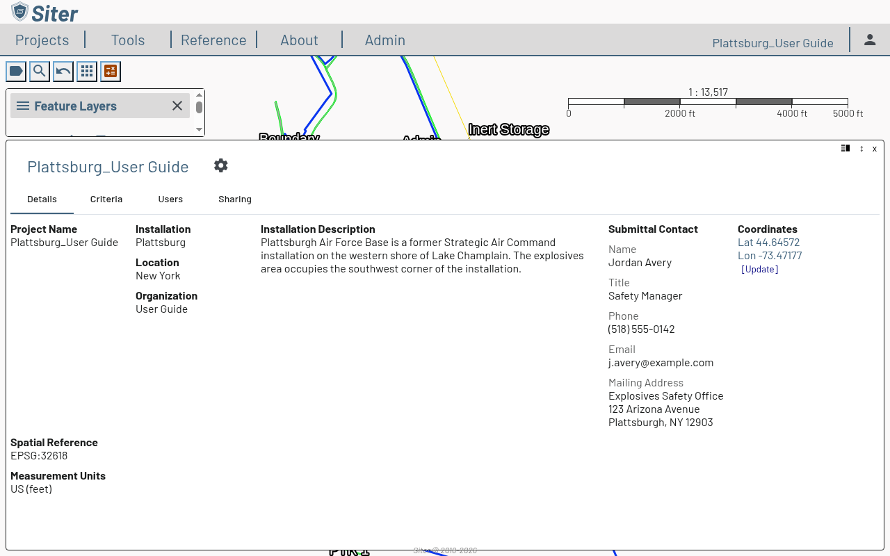 Project dashboard Details tab showing the project name, installation, location, organization, Installation Description, Submittal Contact, and coordinates
