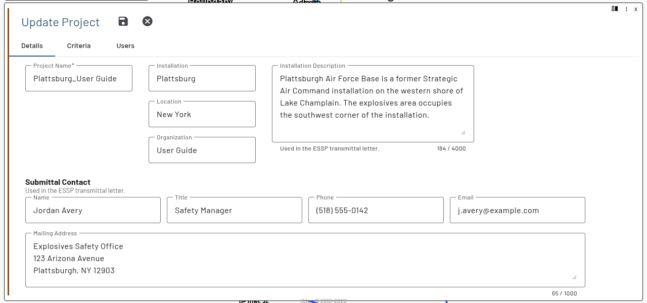Update Project Details tab with the Installation Description and the Submittal Contact Name, Title, Phone, Email, and Mailing Address fields, each hinted "Used in the ESSP transmittal letter."