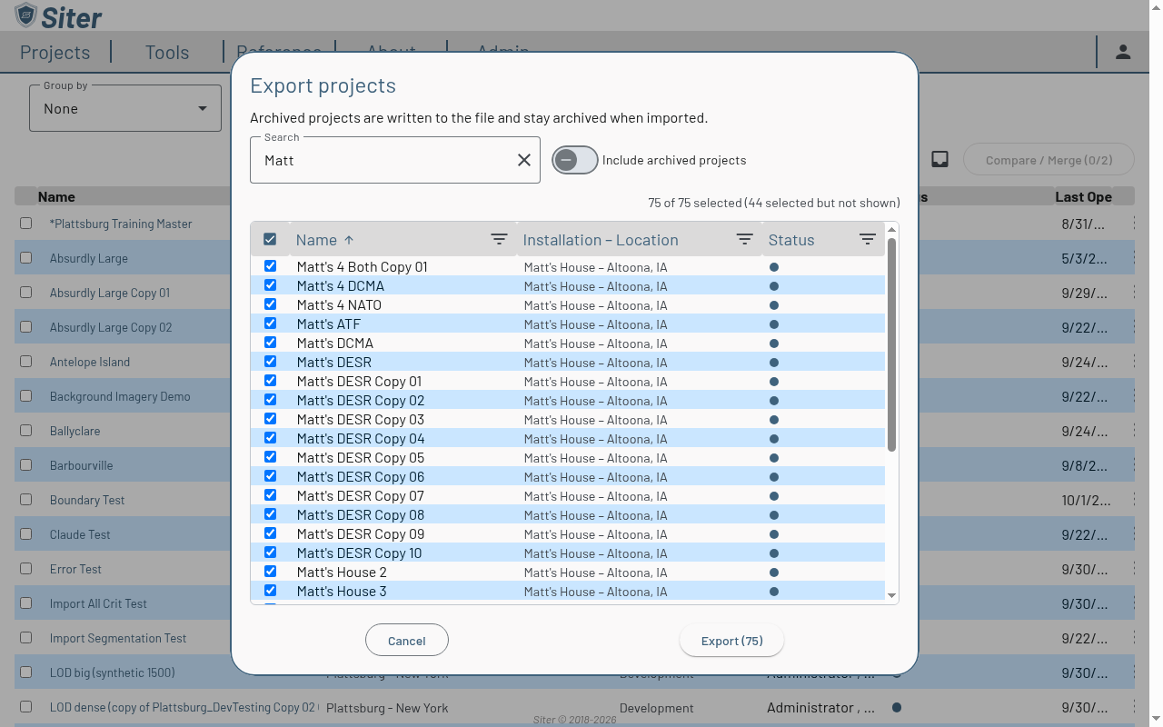 Export projects dialog filtered by a search, with all rows ticked, filter icons on the Name, Installation – Location, and Status headers, the Include archived projects toggle, and the Export button showing the selected count