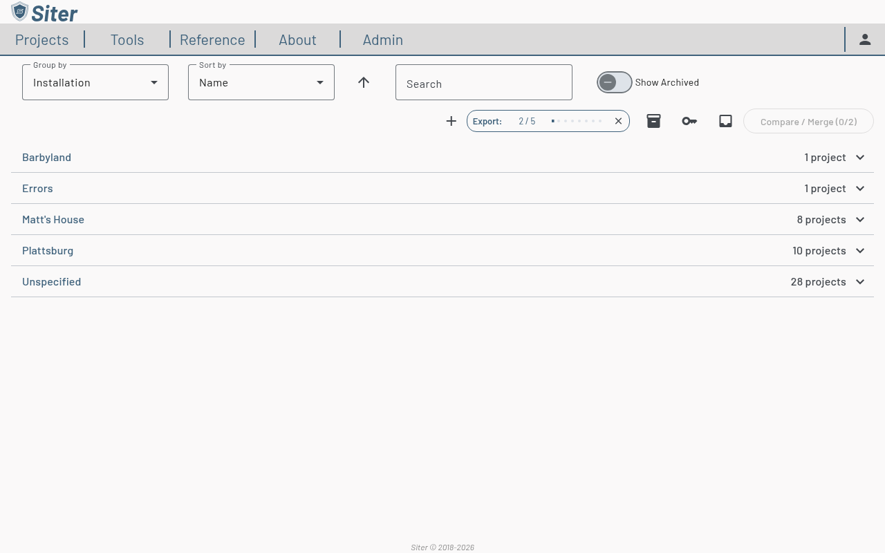 Project Management page toolbar during an archive export, showing the Export: 2 / 5 progress indicator with its progress bar and Cancel export button