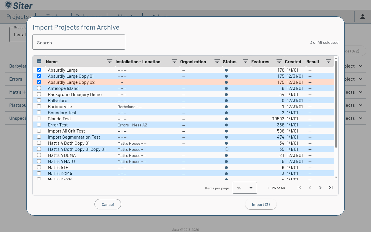 Import Projects from Archive dialog listing the projects in an archive with three selected and the Import (3) button enabled