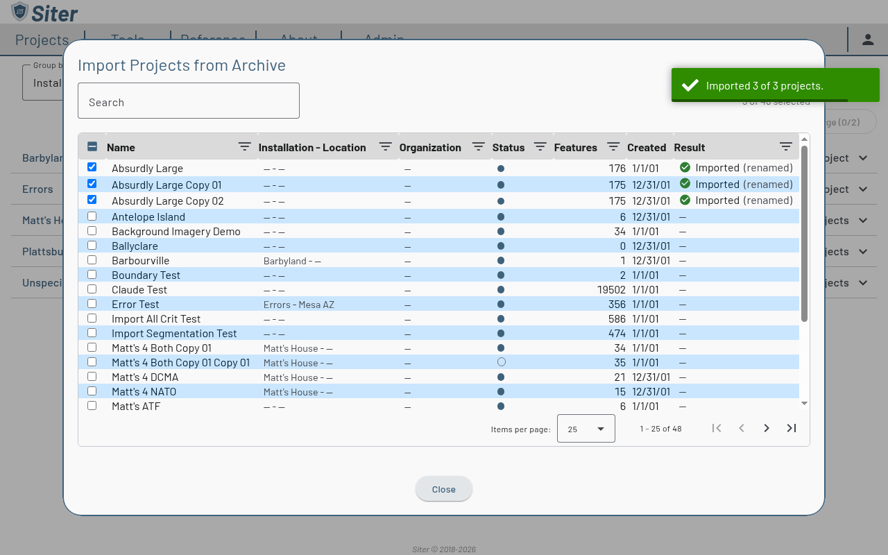 Import Projects from Archive dialog after a run, with rows marked Imported and the Close button