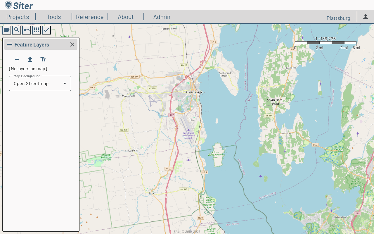 Map workspace showing the Plattsburg project with Feature Layers sidebar, toolbar, and scale bar