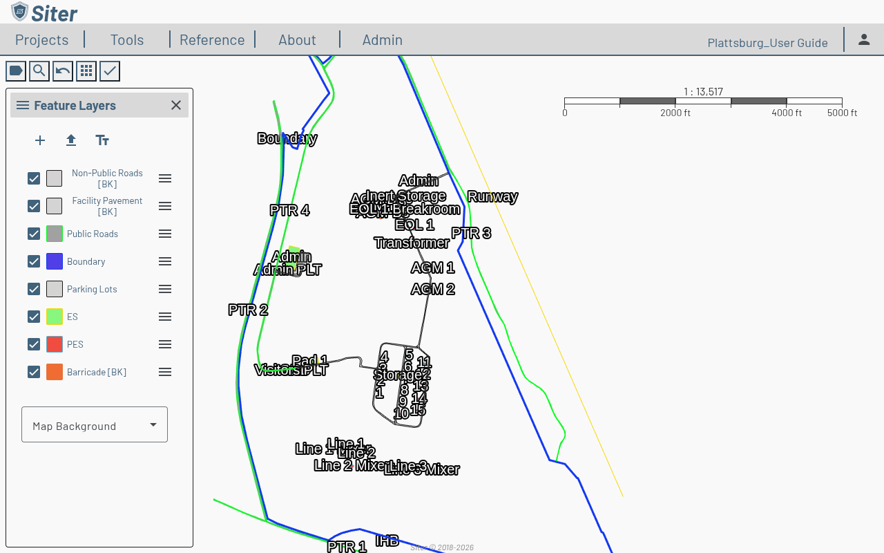 Map workspace showing the Plattsburg project with Feature Layers sidebar, toolbar, and scale bar